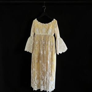 Vintage Wedding Dress Gown 6 Matching Veil White Embroidered Tulle Yellow Layer